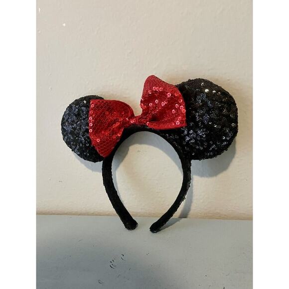 Disney Parks ORIGINAL MINNIE MOUSE BLACK SEQUIN Ears RED BOW Headband - Picture 3 of 4
